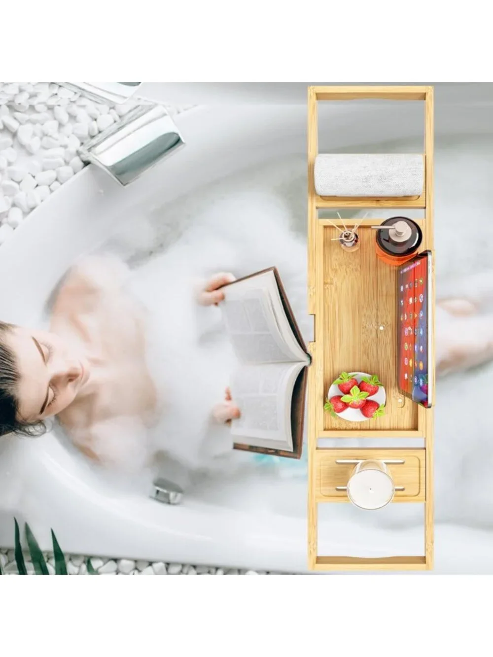 Expandable Bamboo Bathtub Tray - Adjustable Wooden Bath Table for Relaxation